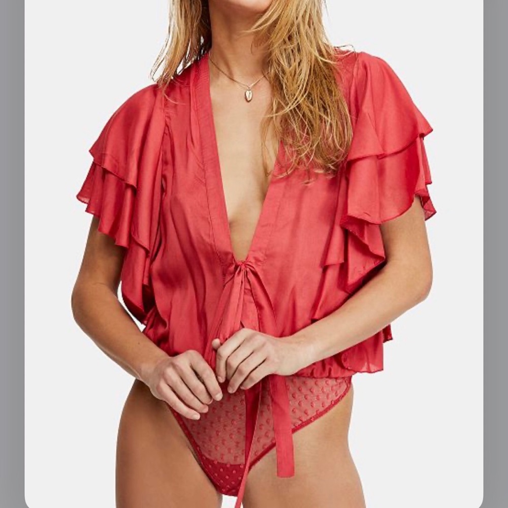 Free People Red Ruffles Thong Bodysuit